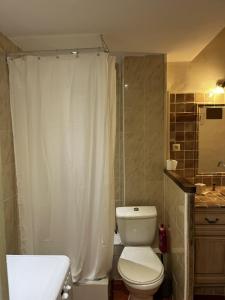e bagno con servizi igienici bianchi e doccia. di Au coeur du village avec petit balcon plein sud a Tourtour Altre 7 foto