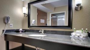 a bathroom with a sink and a large mirror at Queen Bed Hotel Suite 127 in Jackson