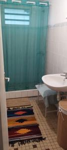 a bathroom with a shower and a sink at Maison traditionnelle créole in Deshaies