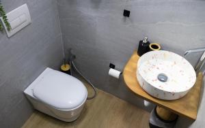 a bathroom with a white toilet and a sink at Radeshi House in Berat