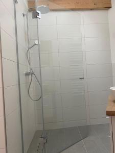 a shower with a glass door in a bathroom at Kleiner Marstall in Xanten +3 photos
