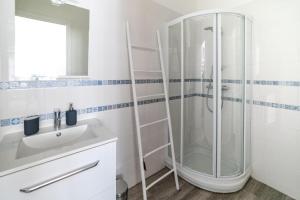 een badkamer met een douche en een wastafel bij Longère de Kérinis in Locmariaquer +8 foto's