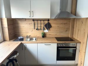 a small kitchen with white cabinets and a sink at Feuerschiff-Panorama - Neue moderne Wohnung in der Innenstadt mit Blick übers Wasser in Emden