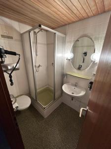 a bathroom with a shower and a toilet and a sink at Parkhotel Rottweil in Rottweil