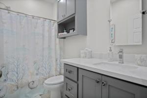 Port BolivarにあるLuxury 3BR Beach Cabin w Gulf Views and Soaking Tubのバスルーム(洗面台、トイレ、シャワーカーテン付) +38枚の写真