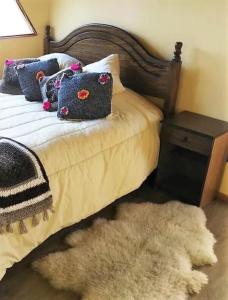 a bedroom with a bed with a rug on the floor at Chiloe Domos in Huenao