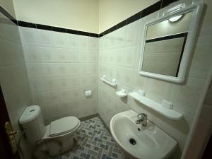 a bathroom with a toilet and a sink and a mirror at Bel appartement familial au centre ville in El Kelaa des Srarhna