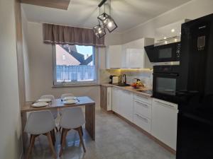 a kitchen with a table and chairs and a black refrigerator at Apartament w Czarnowąsach 1 in Opole