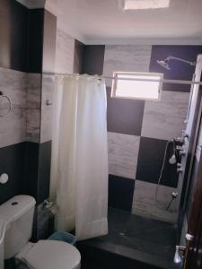 a bathroom with a shower curtain and a toilet at Hotel Victoria in Iquique +33 photos