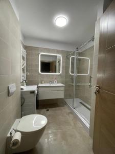 a bathroom with a shower and a toilet and a sink at AME Summer - Onix Blue Mamaia Nord in Mamaia Nord