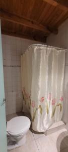 a bathroom with a toilet and a shower curtain with flowers at Departamento amoblado quincenal, mensual in Neuquén
