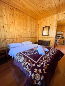 Un dormitorio con una cama grande en una habitación de madera. en Pousada Recanto da Gruta, en Urubici
