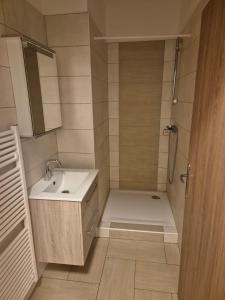 a small bathroom with a sink and a shower at Privat Apartment 2 Leoben in Leitendorf