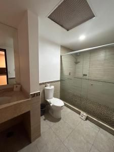 a bathroom with a toilet and a glass shower at Hotel Destiny Inn Tula in Teocalco +31 photos