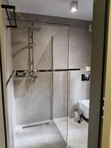 una doccia con una porta in vetro in un bagno di Holiday Hossa House 391 - całoroczne domy z Jacuzzi Sława a Sława