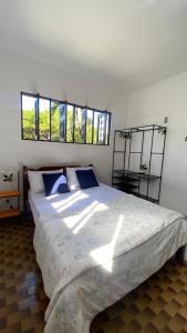 a bedroom with a large bed with blue pillows at Casa na Serra de Martins in Martins