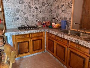 a kitchen with wooden cabinets and a sink at Cabañas Rincón Metztitlán in Azolzintla