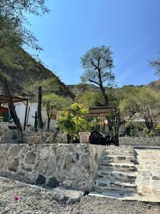 a set of stone steps with a tree in the background at Cabañas Rincón Metztitlán in Azolzintla +38 photos