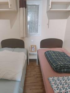 a bedroom with two beds and a picture on a table at Mobilhome résidentiel in Gassin