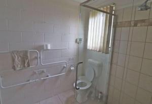 a bathroom with a toilet and a shower at 14 Broome Street in Mallacoota