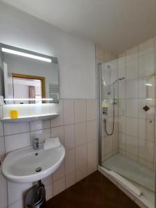 a bathroom with a sink and a shower at Pension Alter Wirt in Enkering +26 photos