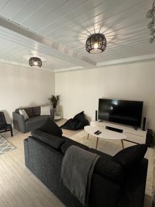 Una sala de estar con dos sofás y un televisor de pantalla plana. en Ketunpesä Puijolla, en Kuopio