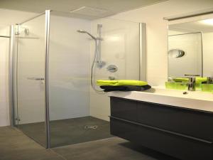 Un baño con ducha de cristal y lavabo. en Chalet in Steeg near Ski Slopes, en Dürnau 22 fotos más