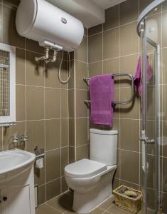 Zaya Guest House في أولان باتور: حمام مع مرحاض ومغسلة ومناشف أرجوانية