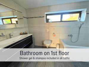 a bathroom with a tub and a toilet and a sink at Blockhaus Malmkrog with garden, bright rooms, and an open kitchen in Mălîncrav