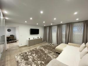 un salon avec un canapé et une télévision à écran plat dans l'établissement Terrassenpark Apartments (Premium Rooms), à Sasbachwalden