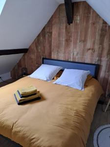 ein Schlafzimmer mit einem großen Bett mit zwei Kissen in der Unterkunft La Chaumière de Chabine in Oizon