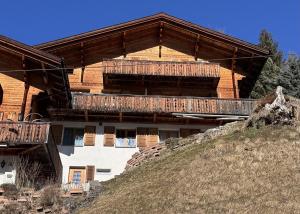 a building with wooden balconies on top of a hill at Chalet am Bluemewäg 7 in Wengen +13 photos