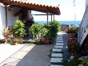 a garden with potted plants and a house at Manthos in Kalloni