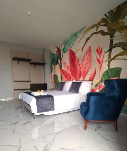 a bedroom with a bed and a mural of plants at Luxury Melo Apartment in Bari