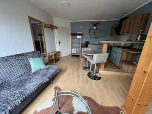 a living room with a couch and a kitchen at Ferienwohnung im Grünen für bis zu 3 Personen, Aufbettung möglich in Döbern