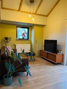 a living room with a couch and a flat screen tv at B&B de Lytse Geast in Tietjerk +10 photos