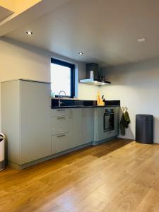a kitchen with gray cabinets and a sink and a window at B&B de Lytse Geast in Tietjerk +26 photos
