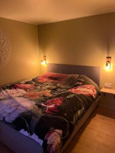 a bed in a bedroom with two lights on the wall at B&B de Lytse Geast in Tietjerk