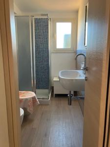 a bathroom with a sink and a shower at piccolo appartamento in Montescudaio in Montescudaio