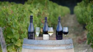a group of wine bottles and wine glasses in a barrel at Tiny house sous le chene in Saint-Roch +26 photos