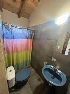 baño con cortina de ducha de arco iris y aseo en El Viejo Balneario, en El Bolsón