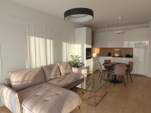 a living room with a couch and a table at Apartament Centrum Moniuszki Lux in Zielona Góra