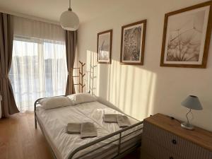 a bedroom with a bed and a large window at Apartament Centrum Moniuszki Lux in Zielona Góra