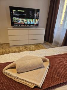 Postel nebo postele na pokoji v ubytování Moderní apartmán vedle divadla - Netflix, Wi-Fi zdarma