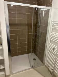 a shower with a glass door in a bathroom at Azur in Camiers