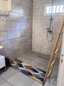 a bathroom with a shower with a rug on the floor at Les pieds dans l'eau, Cilaos in Cilaos