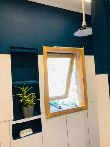 ein Fenster im Bad mit Topfpflanze in der Unterkunft Casa con magnifica vista al Cerro Catedral in San Carlos de Bariloche