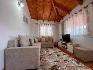 a living room with a couch and a tv at Holiday House in Luftinja e Sipërme