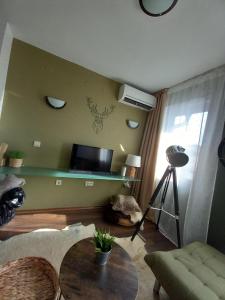Una sala de estar con una mesa y un televisor. en Top Top location Green apartment, en Bansko