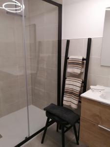 a bathroom with a shower and a stool next to a sink at Le SANTA in Sainte-Foy-Tarentaise +17 photos